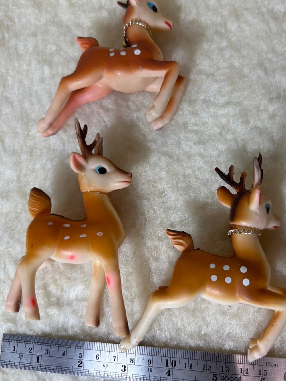 Set of 3 Vintage Soft Rubber  Reindeer  Figurines in Brown with Gold Bells